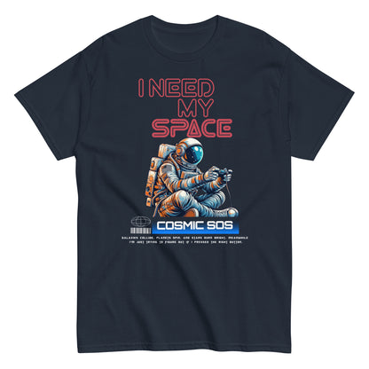 Unisex t-shirt with astronaut illustration and “I Need My Space Cosmic SOS” typography, space-themed cotton tee by LostLogicCo Canada