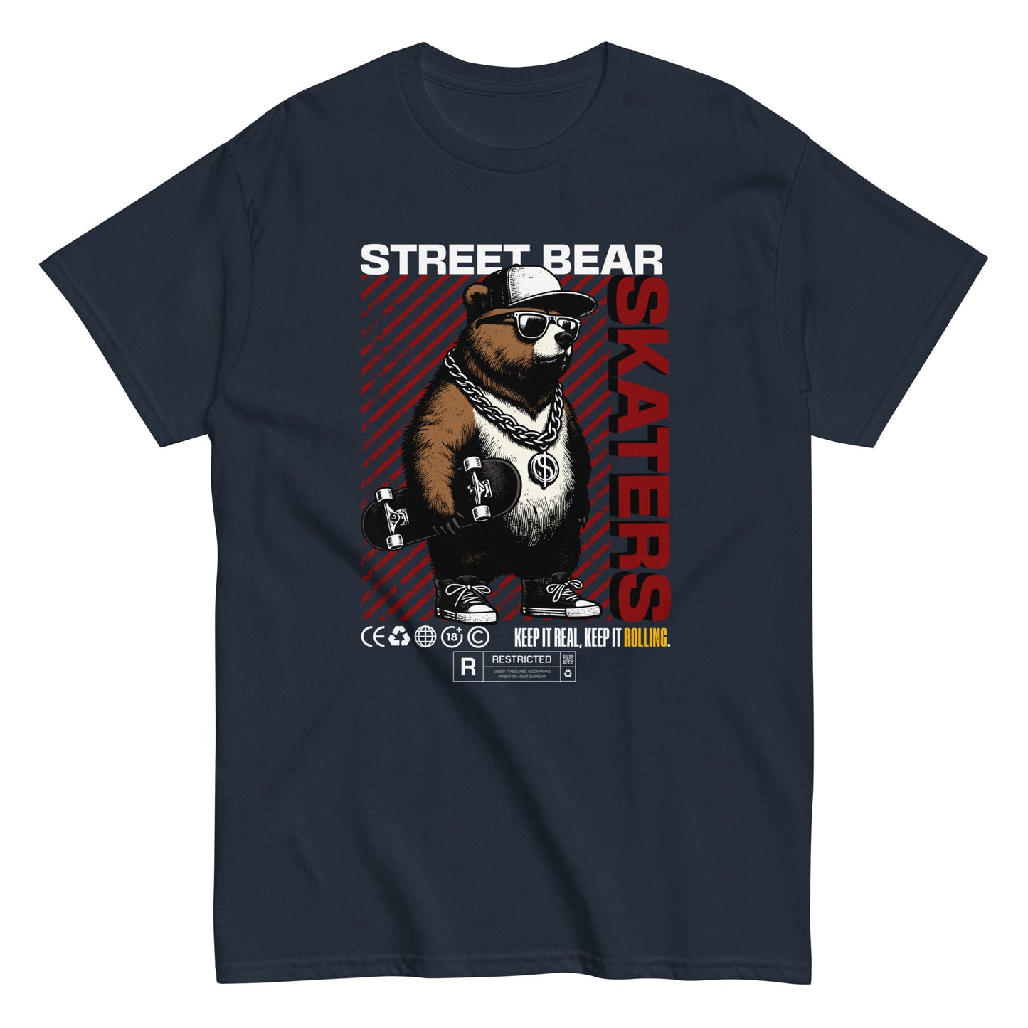 Unisex t-shirt with “Street Bear Skaters” design featuring cool bear with skateboard, red streetwear typography, cotton tee by LostLogicCo Canada