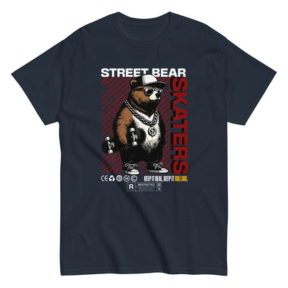 Unisex t-shirt with “Street Bear Skaters” design featuring cool bear with skateboard, red streetwear typography, cotton tee by LostLogicCo Canada