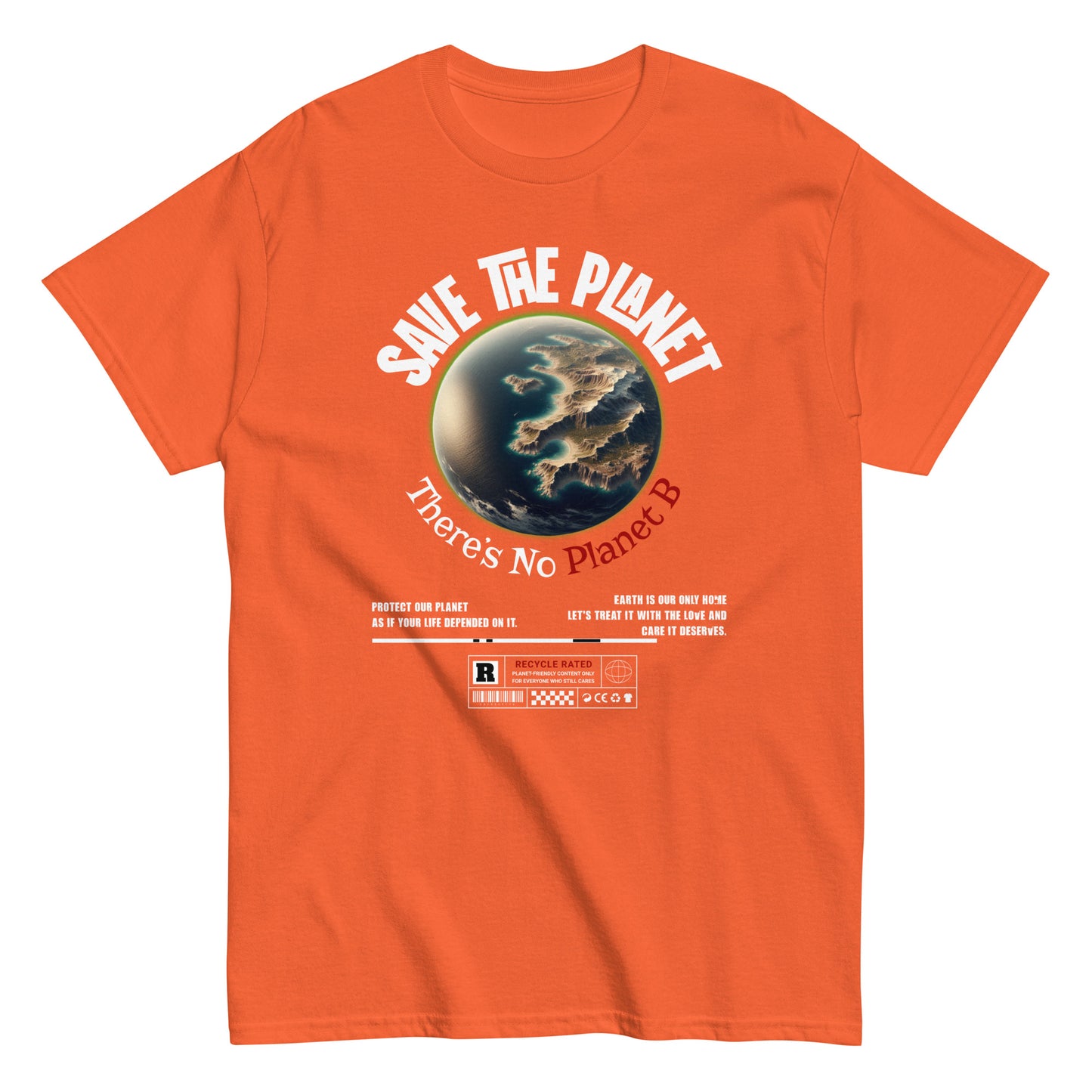 Unisex t-shirt with “Save The Planet There’s No Planet B” text and Earth illustration, eco-awareness cotton tee by LostLogicCo Canada