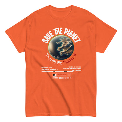 Unisex t-shirt with “Save The Planet There’s No Planet B” text and Earth illustration, eco-awareness cotton tee by LostLogicCo Canada