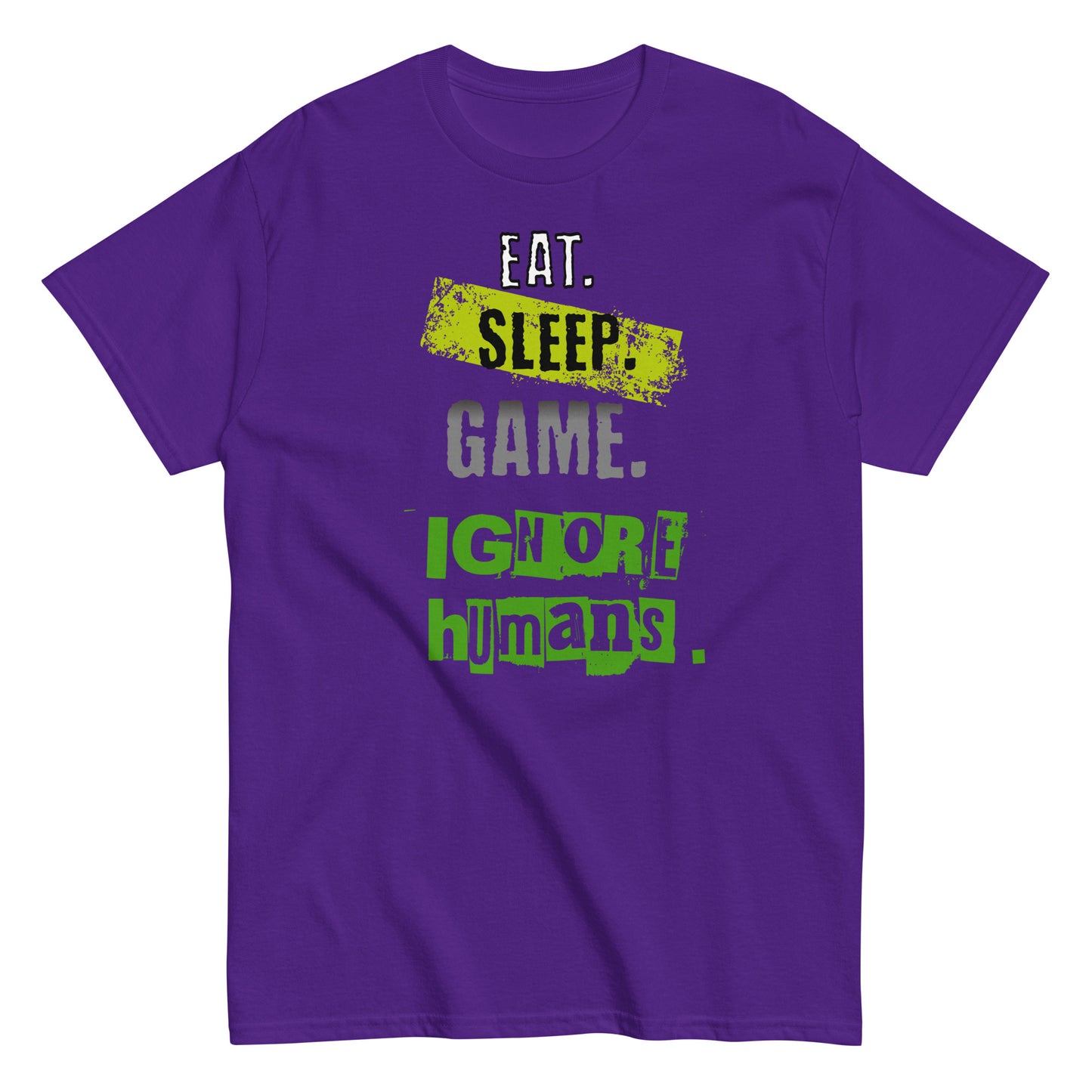 Unisex gamer typography t-shirt with “Eat Sleep Game Ignore Humans” design, short sleeve cotton tee by LostLogicCo Canada