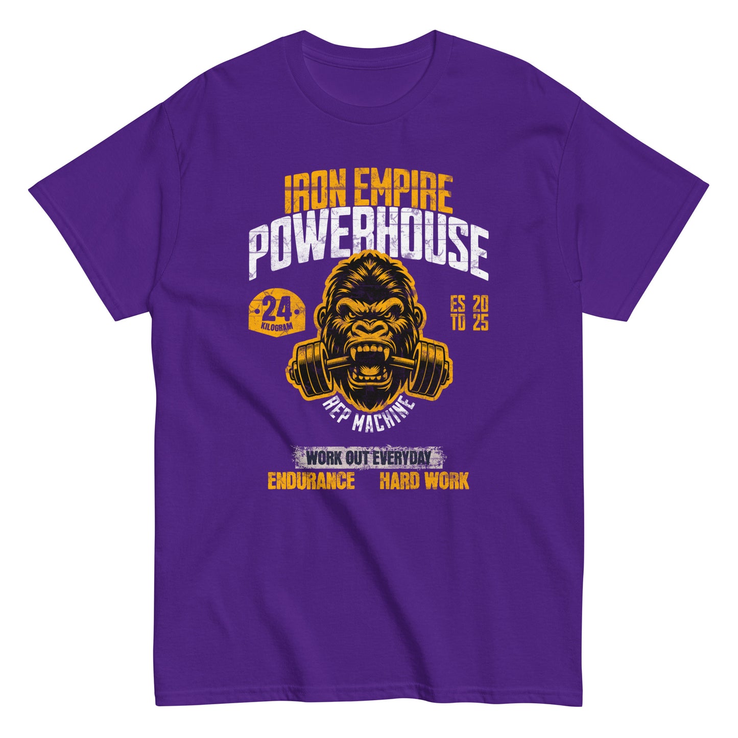 Unisex gym graphic t-shirt with “Iron Empire Powerhouse” gorilla design, cotton short sleeve tee by LostLogicCo Canada