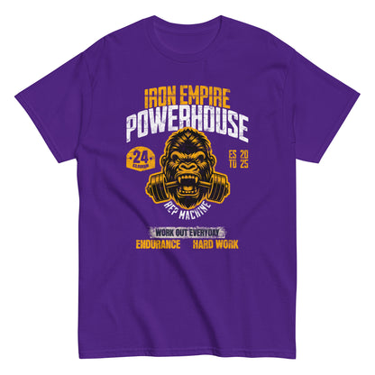 Unisex gym graphic t-shirt with “Iron Empire Powerhouse” gorilla design, cotton short sleeve tee by LostLogicCo Canada