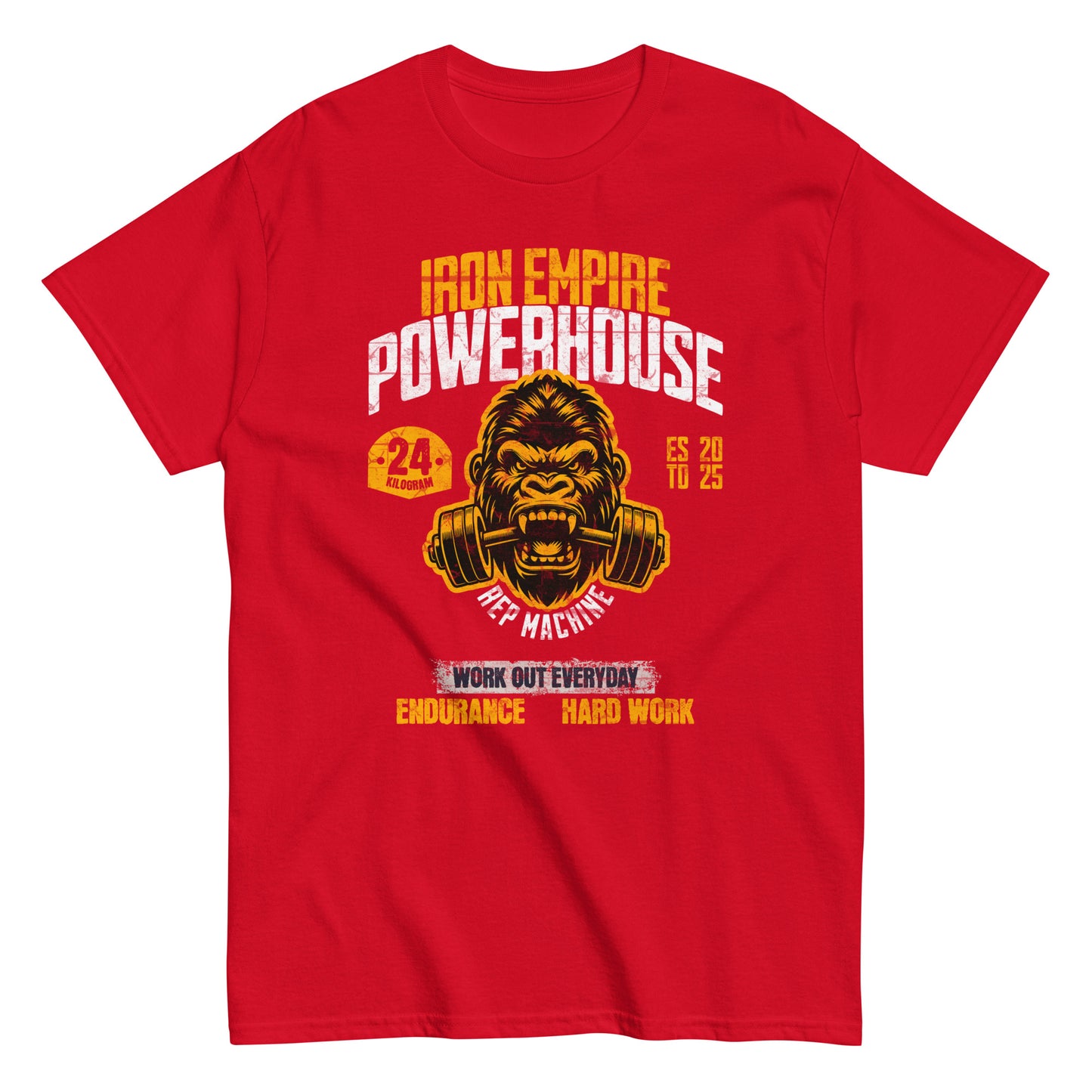 Unisex gym graphic t-shirt with “Iron Empire Powerhouse” gorilla design, cotton short sleeve tee by LostLogicCo Canada