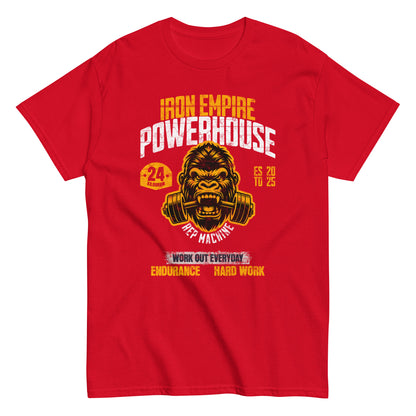 Unisex gym graphic t-shirt with “Iron Empire Powerhouse” gorilla design, cotton short sleeve tee by LostLogicCo Canada