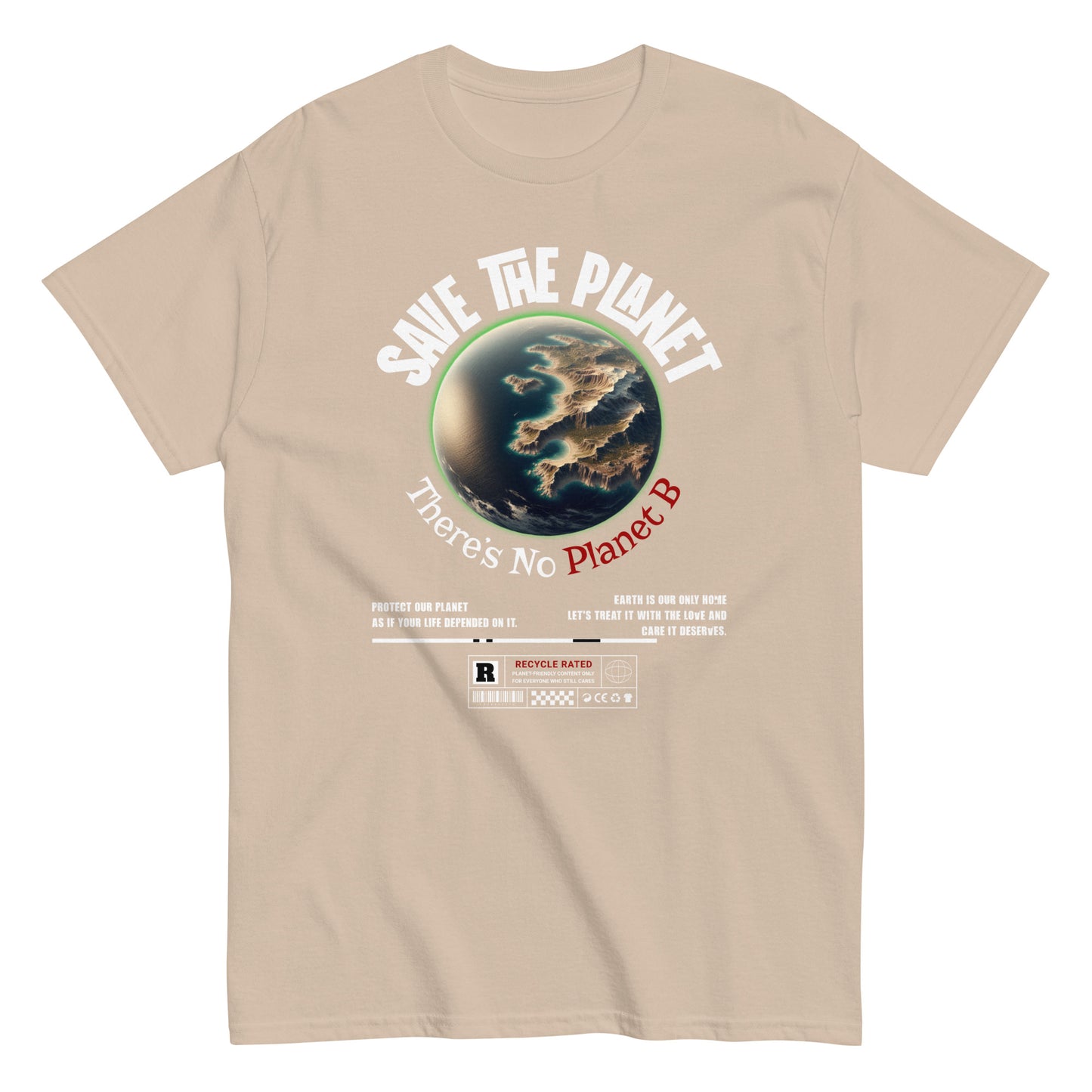 Unisex t-shirt with “Save The Planet There’s No Planet B” text and Earth illustration, eco-awareness cotton tee by LostLogicCo Canada