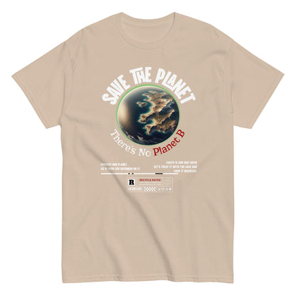 Unisex t-shirt with “Save The Planet There’s No Planet B” text and Earth illustration, eco-awareness cotton tee by LostLogicCo Canada