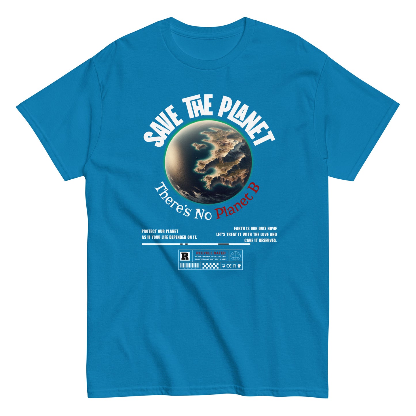 Unisex t-shirt with “Save The Planet There’s No Planet B” text and Earth illustration, eco-awareness cotton tee by LostLogicCo Canada