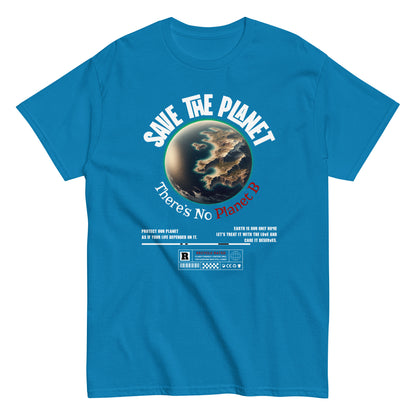 Unisex t-shirt with “Save The Planet There’s No Planet B” text and Earth illustration, eco-awareness cotton tee by LostLogicCo Canada