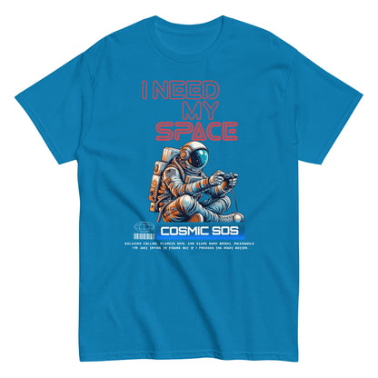 Unisex t-shirt with astronaut illustration and “I Need My Space Cosmic SOS” typography, space-themed cotton tee by LostLogicCo Canada