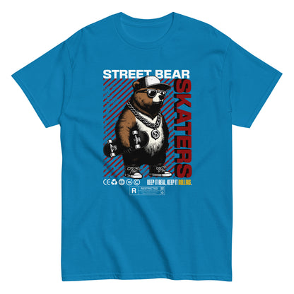 Unisex t-shirt with “Street Bear Skaters” design featuring cool bear with skateboard, red streetwear typography, cotton tee by LostLogicCo Canada
