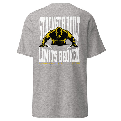 Unisex t-shirt with back print “Strength Built Limits Broken” in white and yellow with athlete illustration, cotton tee by LostLogicCo Canada