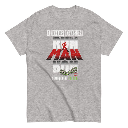Unisex running graphic t-shirt with “Run Man Run” motivational design, cotton short sleeve tee by LostLogicCo Canada