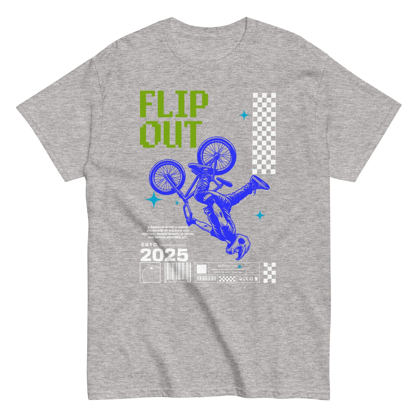 Unisex t-shirt with neon-blue BMX rider doing a flip and “Flip Out 2025” text, action sports graphic tee by LostLogicCo Canada