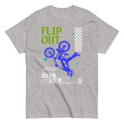 Unisex t-shirt with neon-blue BMX rider doing a flip and “Flip Out 2025” text, action sports graphic tee by LostLogicCo Canada