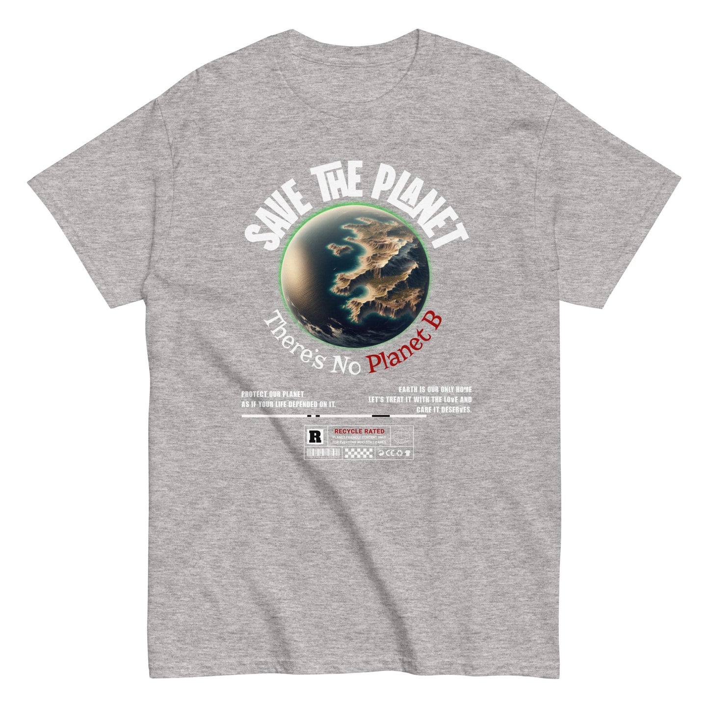 Unisex t-shirt with “Save The Planet There’s No Planet B” text and Earth illustration, eco-awareness cotton tee by LostLogicCo Canada