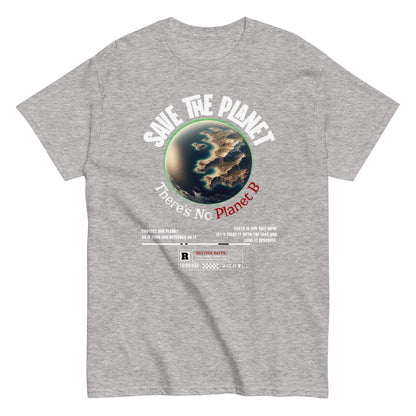 Unisex t-shirt with “Save The Planet There’s No Planet B” text and Earth illustration, eco-awareness cotton tee by LostLogicCo Canada