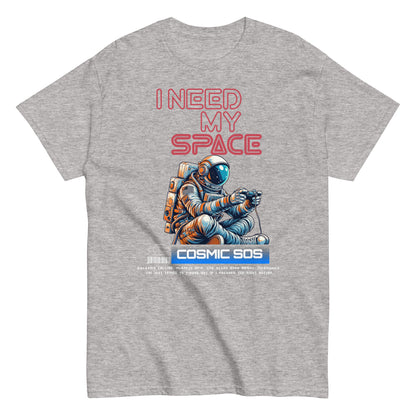 Unisex t-shirt with astronaut illustration and “I Need My Space Cosmic SOS” typography, space-themed cotton tee by LostLogicCo Canada