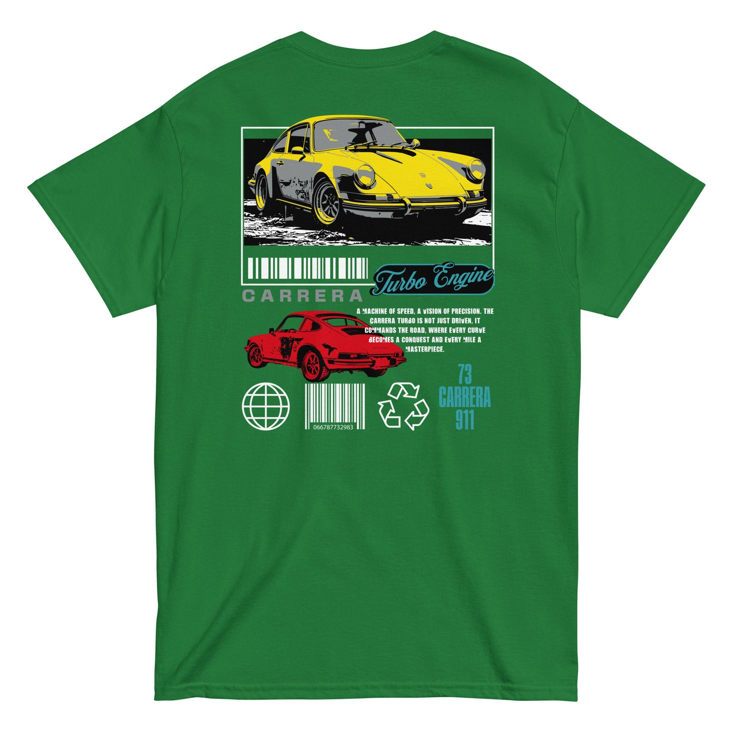 Unisex t-shirt with back print featuring yellow and red Carrera 911 car design and “Turbo Engine” text, car graphic tee by LostLogicCo Canada