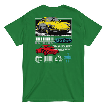 Unisex t-shirt with back print featuring yellow and red Carrera 911 car design and “Turbo Engine” text, car graphic tee by LostLogicCo Canada