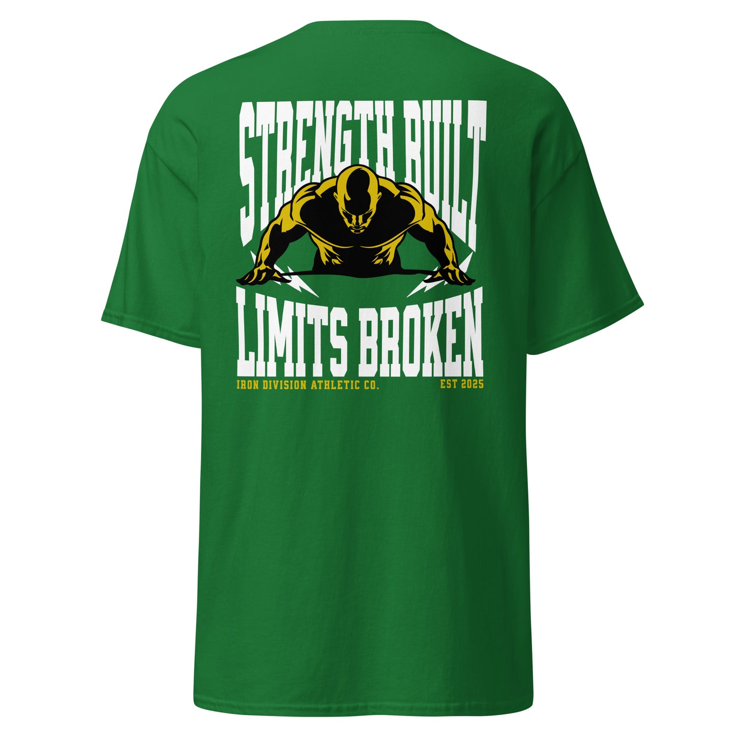 Unisex t-shirt with back print “Strength Built Limits Broken” in white and yellow with athlete illustration, cotton tee by LostLogicCo Canada