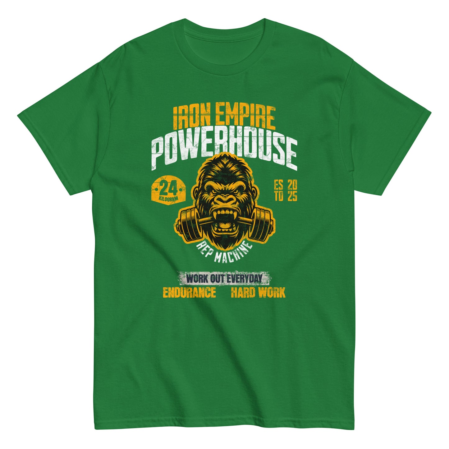 Unisex gym graphic t-shirt with “Iron Empire Powerhouse” gorilla design, cotton short sleeve tee by LostLogicCo Canada