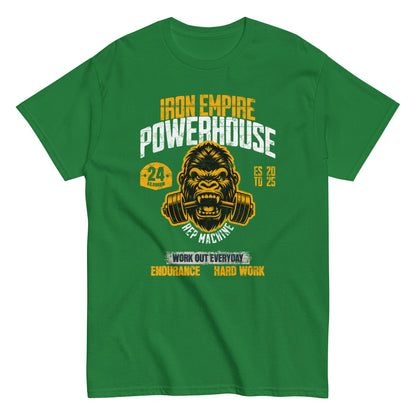 Unisex gym graphic t-shirt with “Iron Empire Powerhouse” gorilla design, cotton short sleeve tee by LostLogicCo Canada