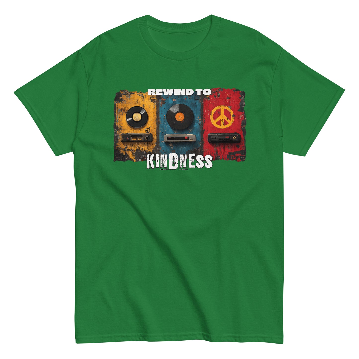 Unisex graphic t-shirt with “Rewind to Kindness” retro design, cotton short sleeve tee by LostLogicCo Canada