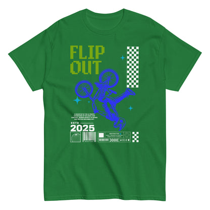 Unisex t-shirt with neon-blue BMX rider doing a flip and “Flip Out 2025” text, action sports graphic tee by LostLogicCo Canada