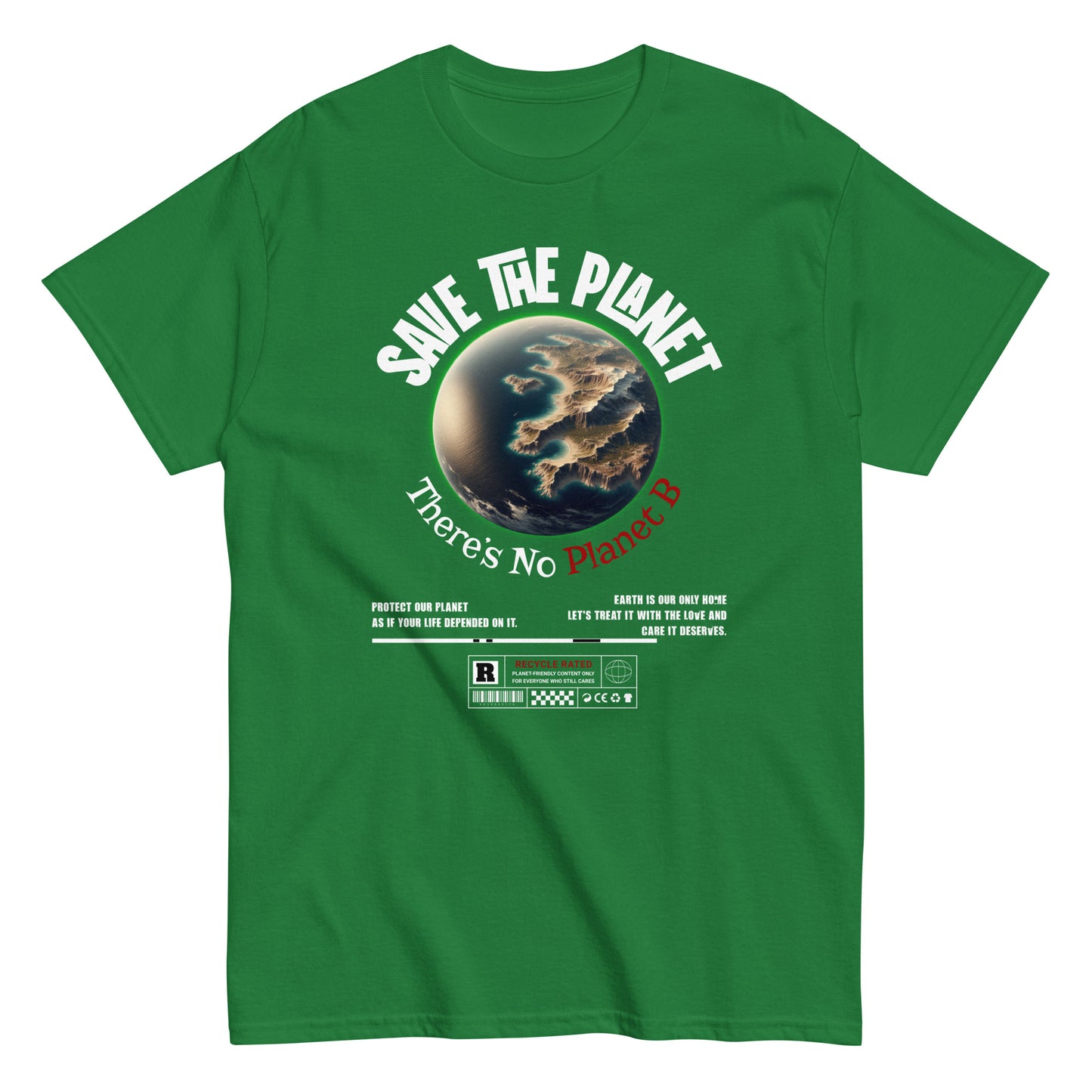 Unisex t-shirt with “Save The Planet There’s No Planet B” text and Earth illustration, eco-awareness cotton tee by LostLogicCo Canada