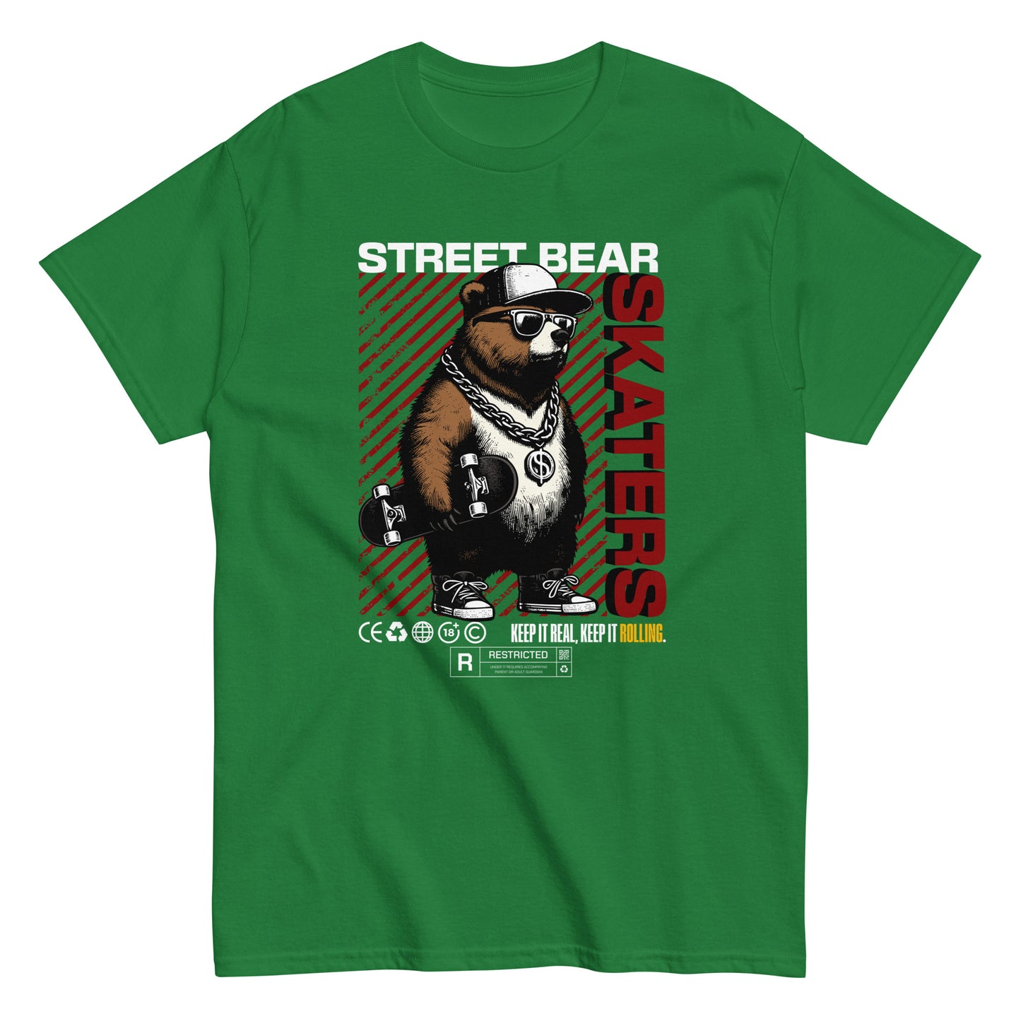 Unisex t-shirt with “Street Bear Skaters” design featuring cool bear with skateboard, red streetwear typography, cotton tee by LostLogicCo Canada