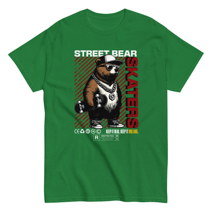 Unisex t-shirt with “Street Bear Skaters” design featuring cool bear with skateboard, red streetwear typography, cotton tee by LostLogicCo Canada