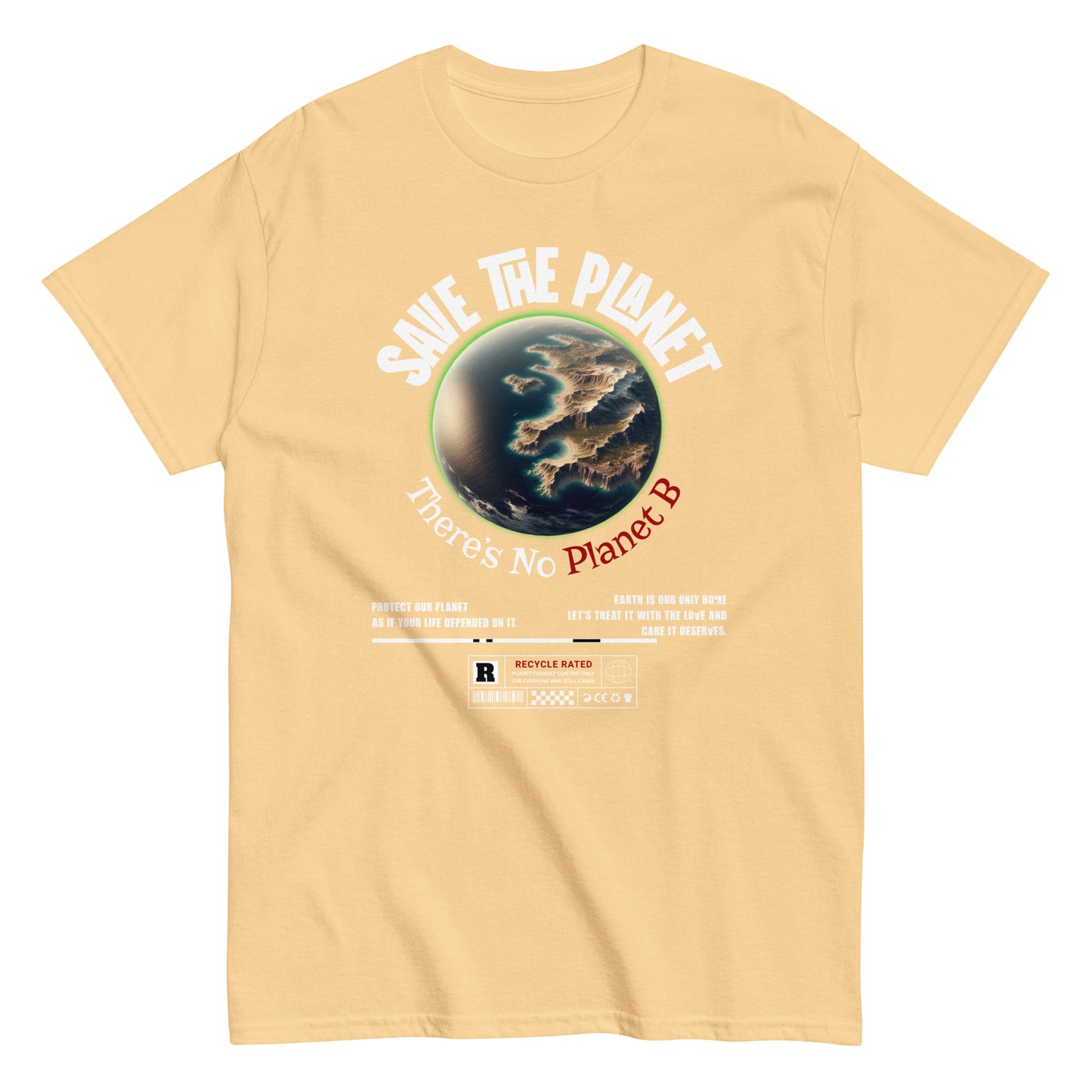 Unisex t-shirt with “Save The Planet There’s No Planet B” text and Earth illustration, eco-awareness cotton tee by LostLogicCo Canada