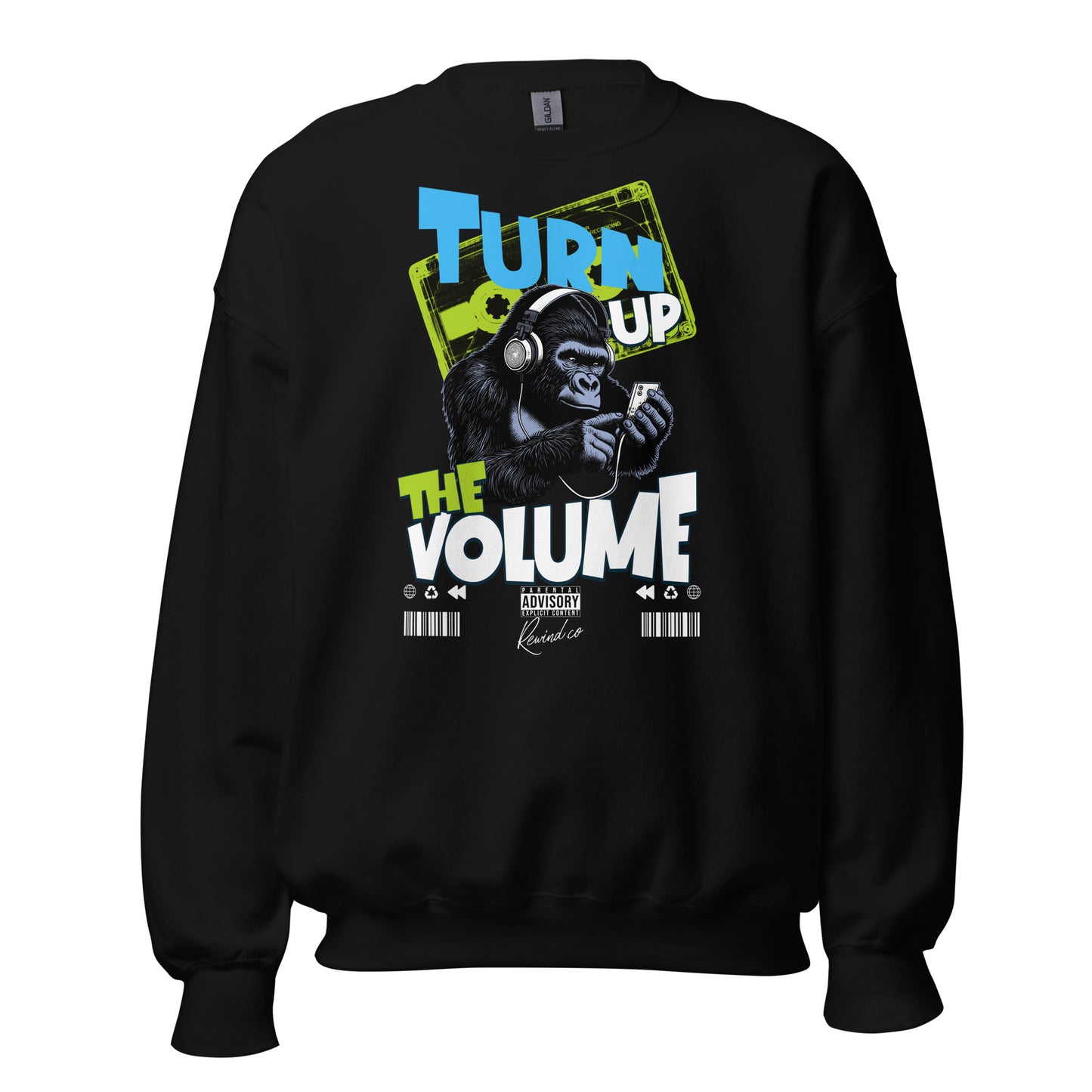Unisex graphic sweatshirt with “Turn Up the Volume” gorilla design, cotton-poly crewneck by LostLogicCo Canada