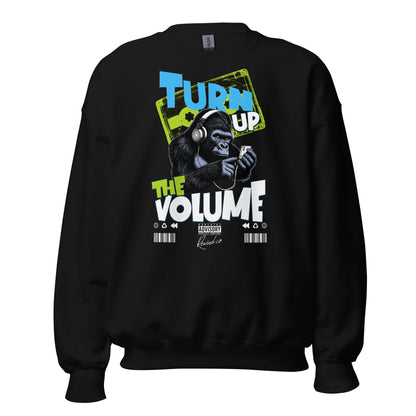 Unisex graphic sweatshirt with “Turn Up the Volume” gorilla design, cotton-poly crewneck by LostLogicCo Canada