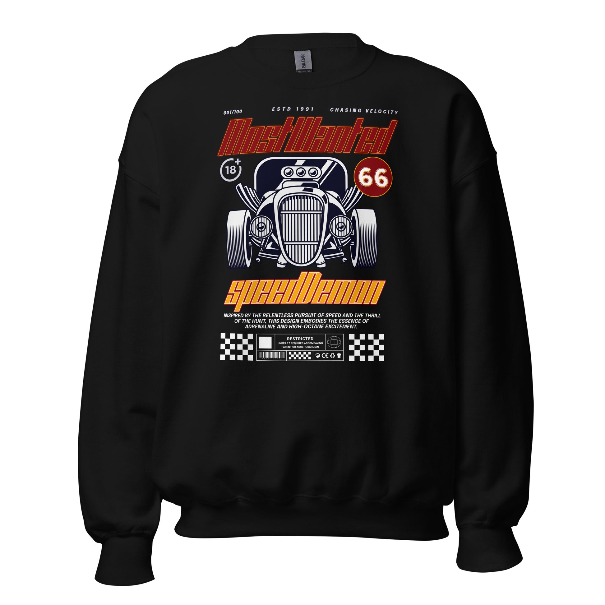 Unisex sweatshirt with “Most Wanted Speed Demon” retro hot rod design, classic crewneck pullover by LostLogicCo Canada