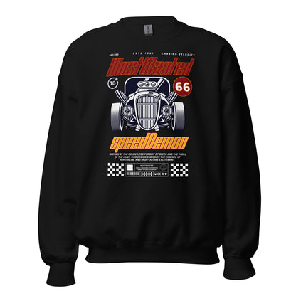 Unisex sweatshirt with “Most Wanted Speed Demon” retro hot rod design, classic crewneck pullover by LostLogicCo Canada
