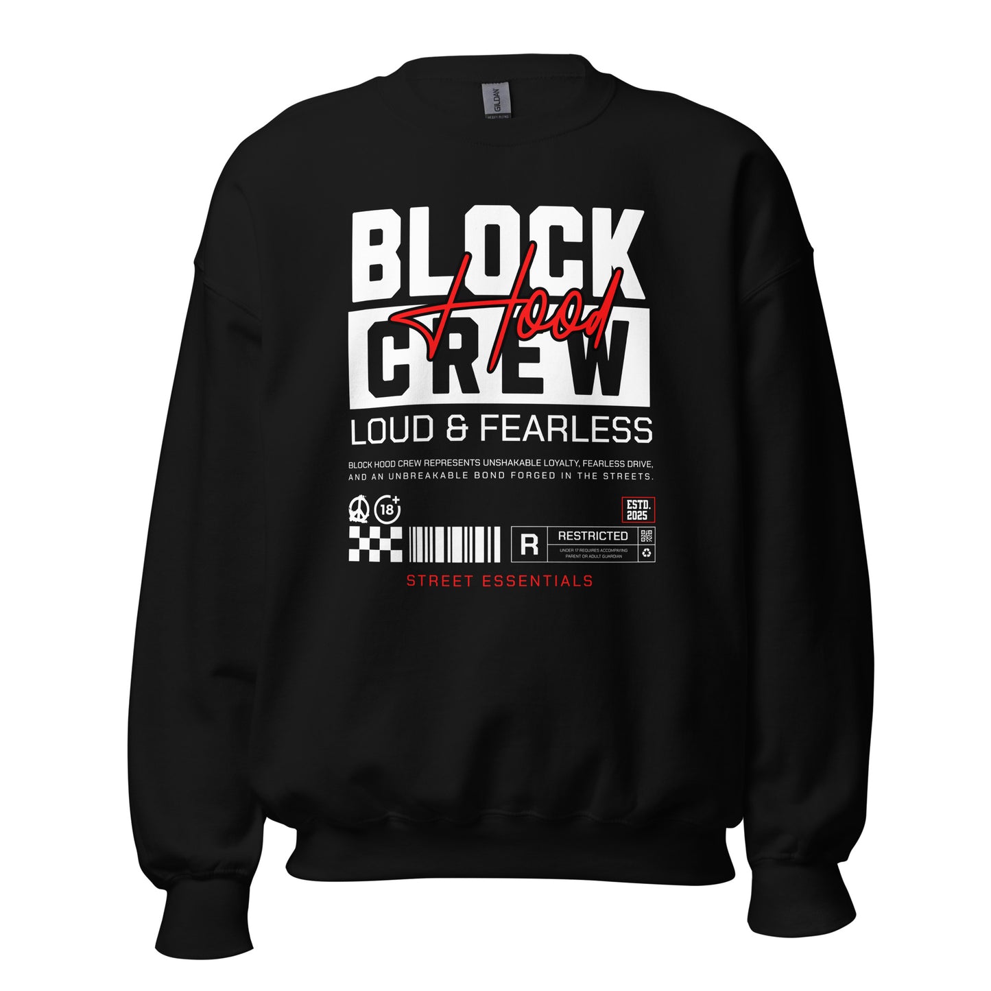 Unisex sweatshirt with “Block Hood Crew Loud & Fearless” typography in red and white, urban streetwear design by LostLogicCo Canada