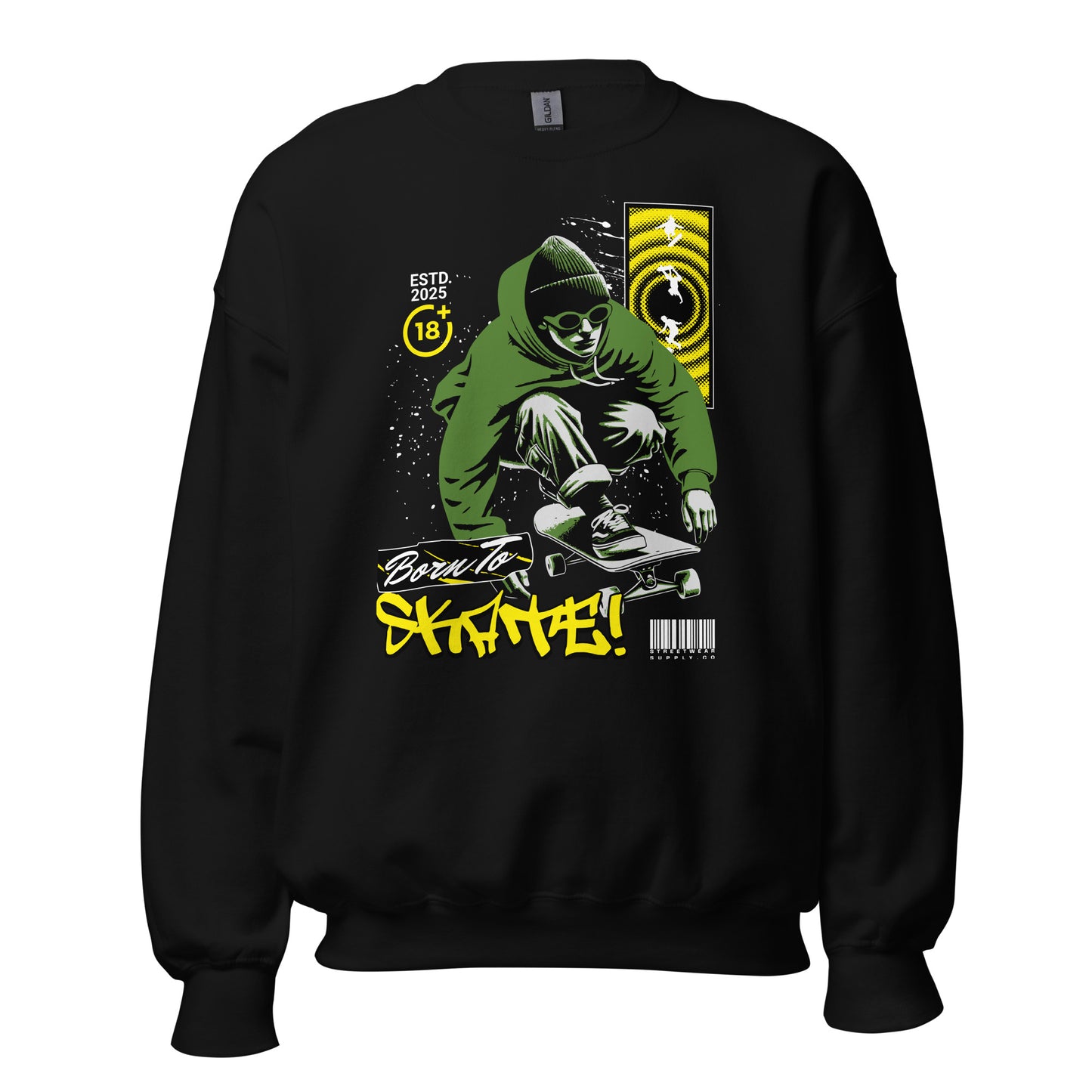 Unisex sweatshirt with “Born To Skate” graffiti design featuring green skater illustration, classic crewneck pullover by LostLogicCo Canada