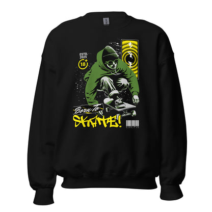 Unisex sweatshirt with “Born To Skate” graffiti design featuring green skater illustration, classic crewneck pullover by LostLogicCo Canada