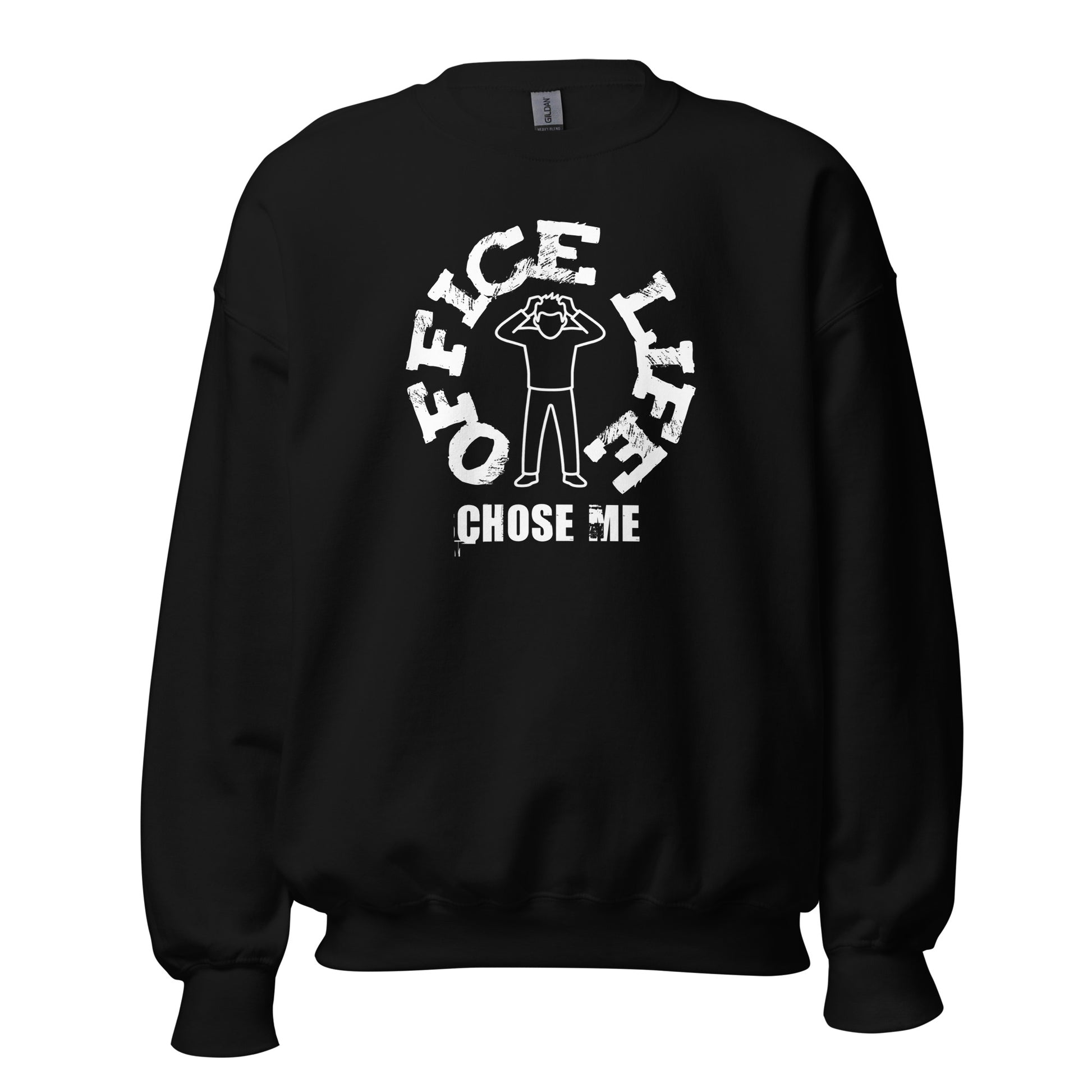 Unisex crew neck sweatshirt with “Office Life Chose Me” typography graphic, work humor design by LostLogicCo Canada