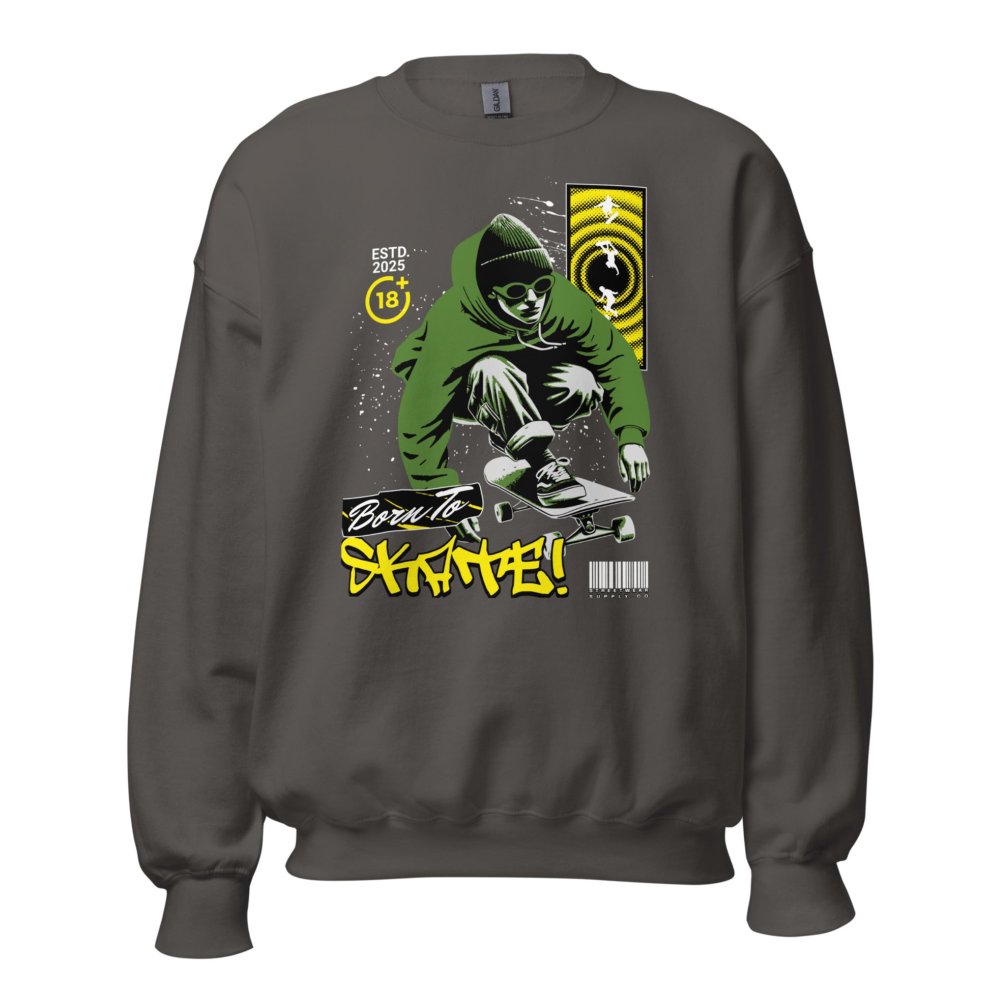 Unisex sweatshirt with “Born To Skate” graffiti design featuring green skater illustration, classic crewneck pullover by LostLogicCo Canada