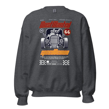 Unisex sweatshirt with “Most Wanted Speed Demon” retro hot rod design, classic crewneck pullover by LostLogicCo Canada