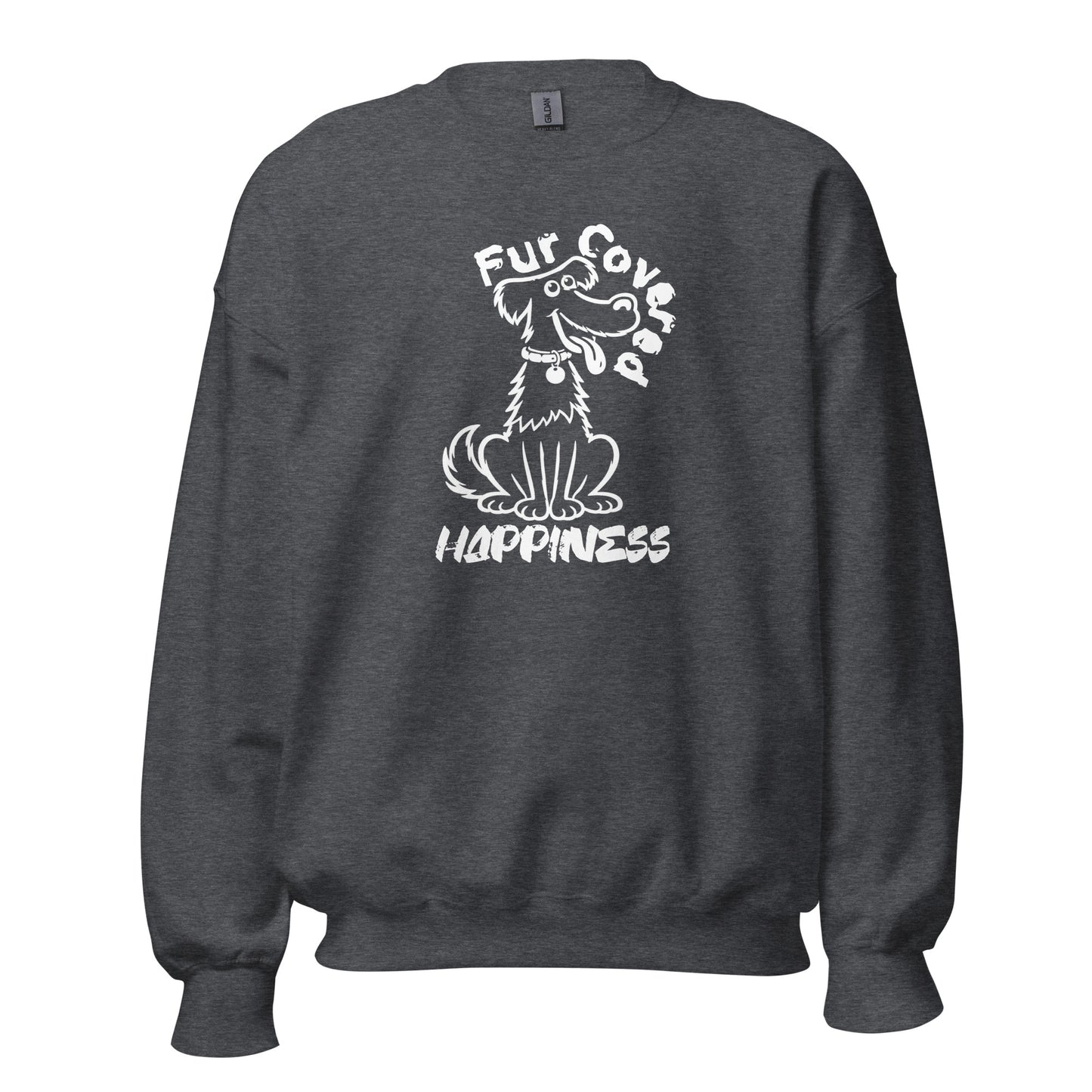Fur Covered Happiness dog illustration printed on unisex crew neck sweatshirt