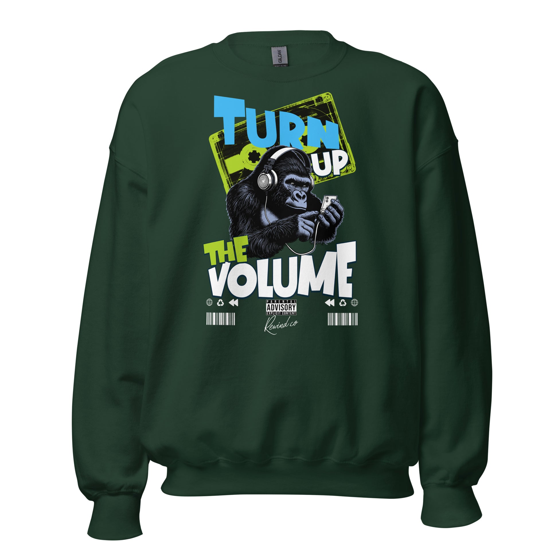 Unisex graphic sweatshirt with “Turn Up the Volume” gorilla design, cotton-poly crewneck by LostLogicCo Canada