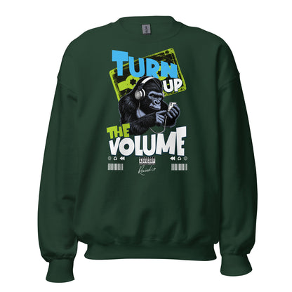 Unisex graphic sweatshirt with “Turn Up the Volume” gorilla design, cotton-poly crewneck by LostLogicCo Canada