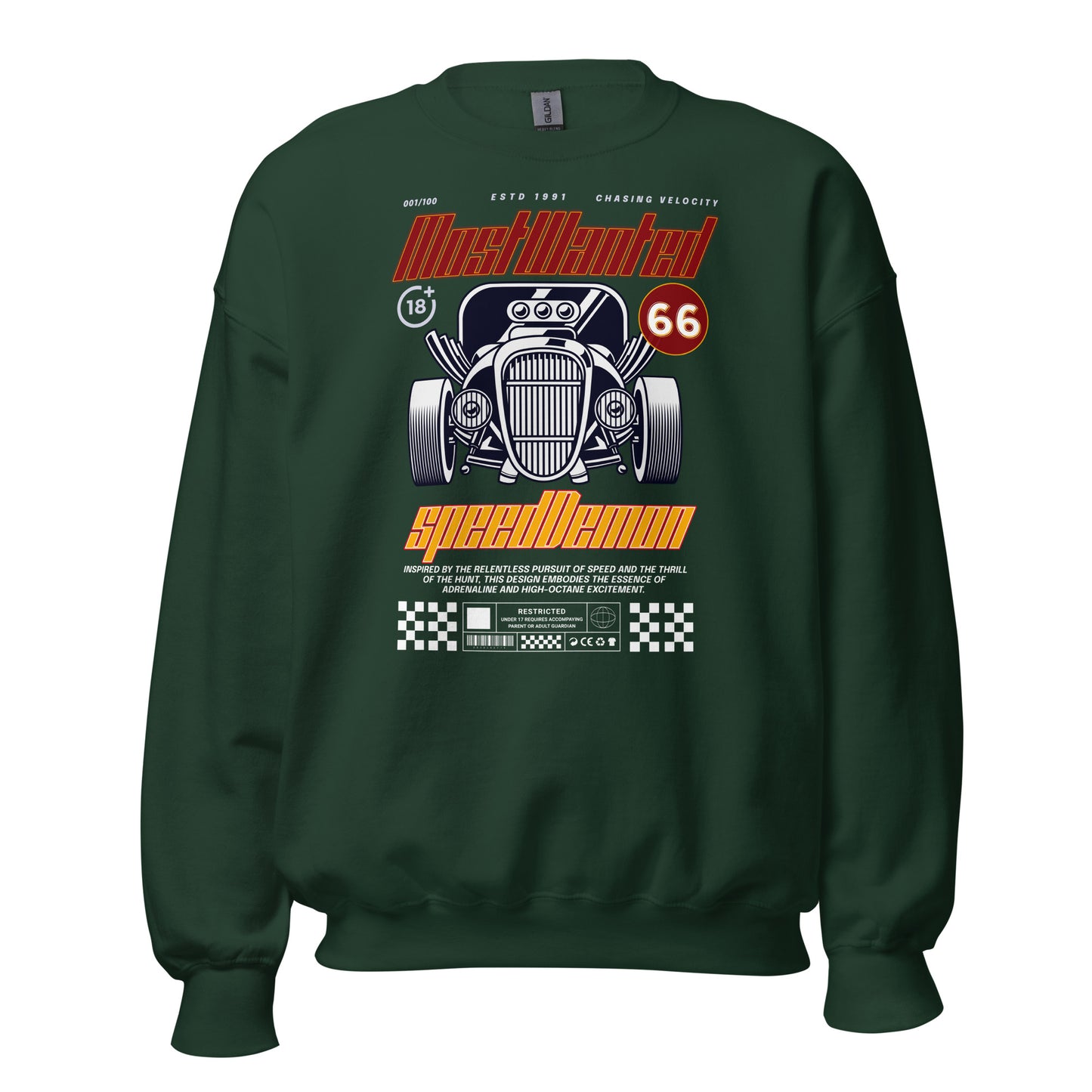 Unisex sweatshirt with “Most Wanted Speed Demon” retro hot rod design, classic crewneck pullover by LostLogicCo Canada