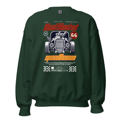 Unisex sweatshirt with “Most Wanted Speed Demon” retro hot rod design, classic crewneck pullover by LostLogicCo Canada