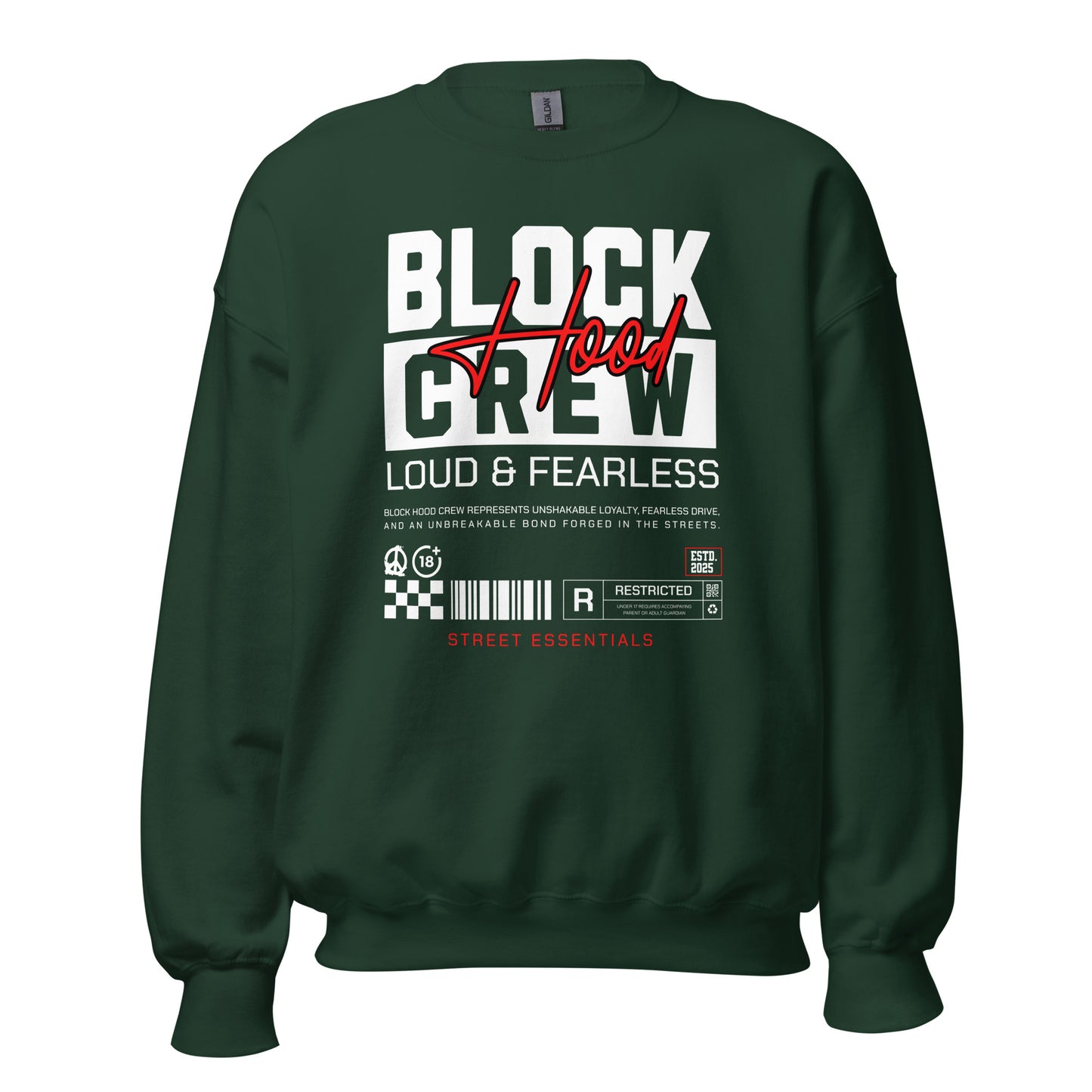 Unisex sweatshirt with “Block Hood Crew Loud & Fearless” typography in red and white, urban streetwear design by LostLogicCo Canada